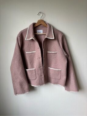 Sezane style Light Rose Cropped Collared Jacket with Unique White Trim